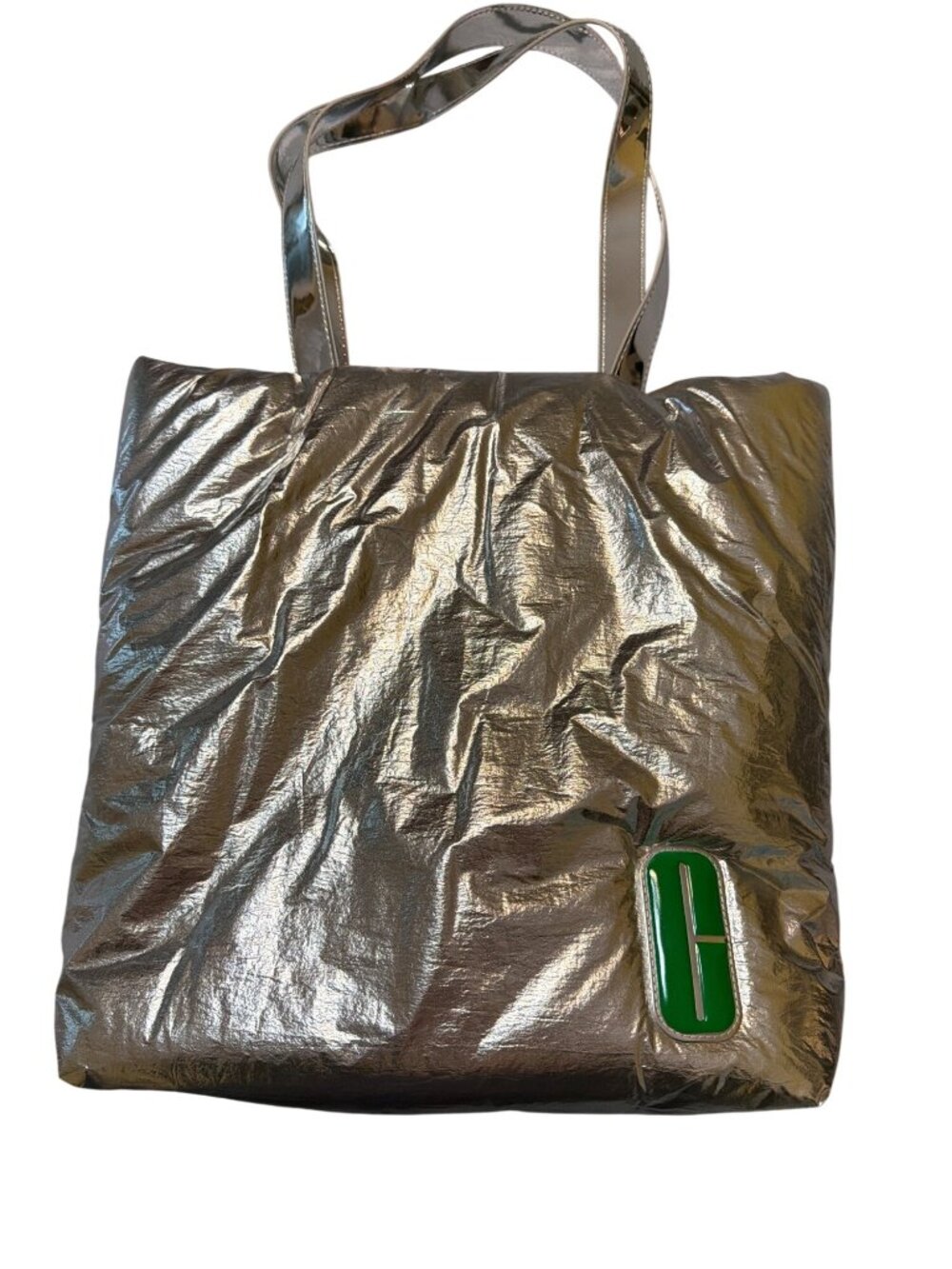 Clinique Silver Metallic Puffer Style Tote Green Interior Snap Closure NWOT